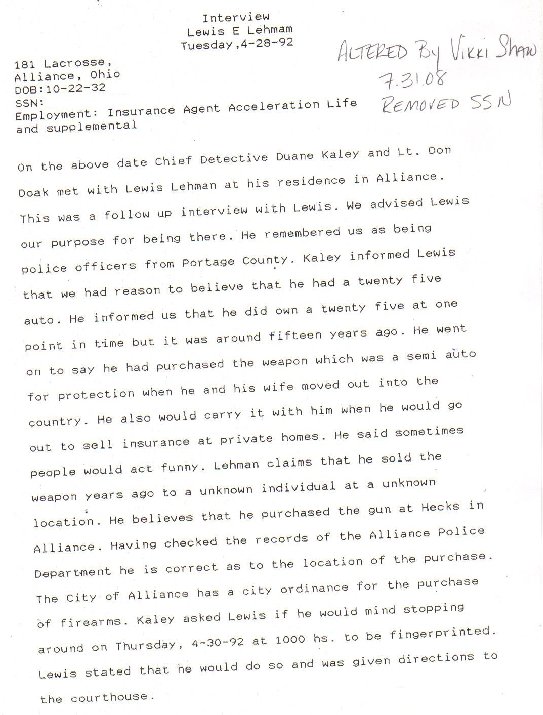 Police Interview Notes of Interview with Lewis E. Lehman